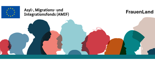 Titelbild vom Projekt Frauenland mit bunten Silhouetten von Frauenk&ouml;pfen.